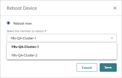 Screen shot of the cluster member list in the Reboot Device dialog box with the Reboot Now option selected and cluster member drop-down list open