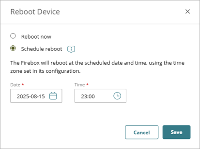 Screen shot of the Reboot Device dialog box with the Schedule Reboot option selected