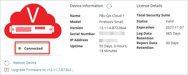 Screenshot of the WatchGuard Cloud Device Settings, Connection Status