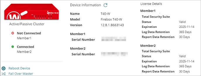 Screenshot of the device information and license details for a FireCluster