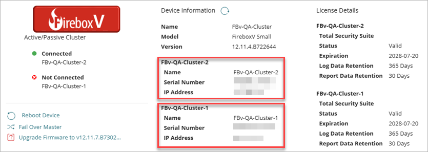 Screenshot of the Device Information and License Details for a FireCluster