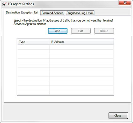 Captura de pantalla de la Lista de excepciones de destino de la herramienta de configuración TO Agent