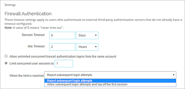 Captura de pantalla de la página Configuración de autenticación, con opciones de límite de inicio de sesión