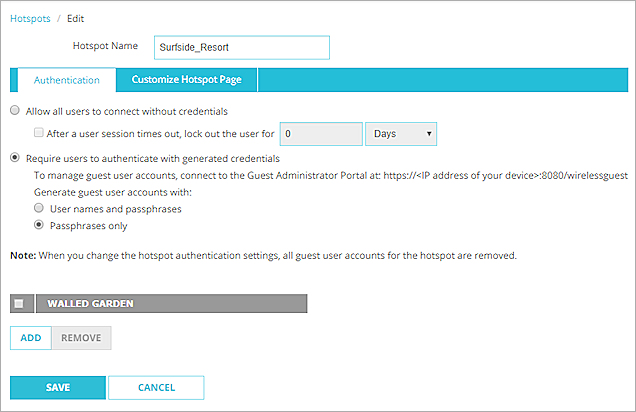 Captura de pantalla de la pestaña Autenticación de un hotspot en la Fireware Web UI