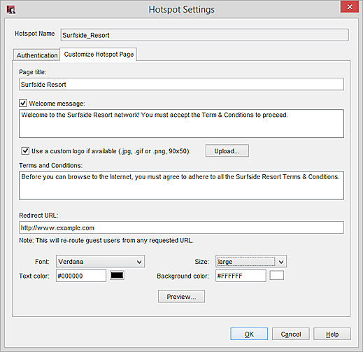 Captura de pantalla de los ajustes de personalización de la Pantalla de presentación del Hotspot