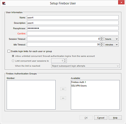 Captura de pantalla del cuadro de diálogo "Configurar Usuario de Firebox"