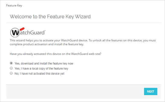 Captura de pantalla de las opciones del Feature Key Wizard