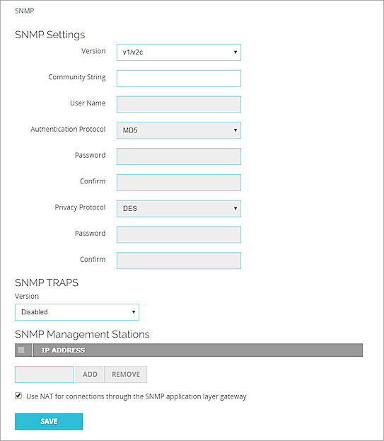 Captura de pantalla de la página Configuración de SNMP