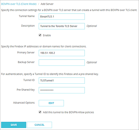 Captura de pantalla de un ejemplo de configuración del túnel BOVPN TLS