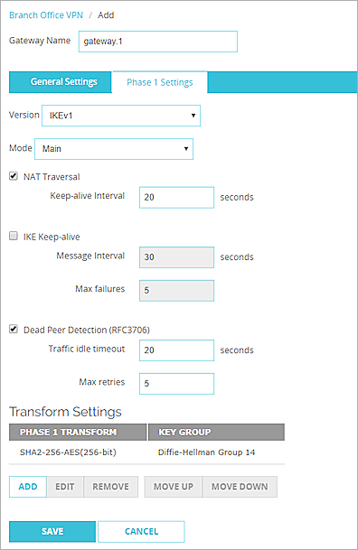 Captura de pantalla de la página configuraciones de puerta de enlace de VPN de sucursal - pestaña Configuraciones de Fase 1