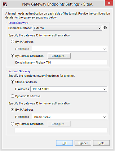 Captura de pantalla del cuadro de diálogo Configuraciones de extremos de la nueva puerta de enlace con la información de dominio configurada