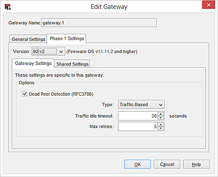 Captura de pantalla de los ajustes de IKEv2, pestaña Configuraciones de Puerta de Enlace