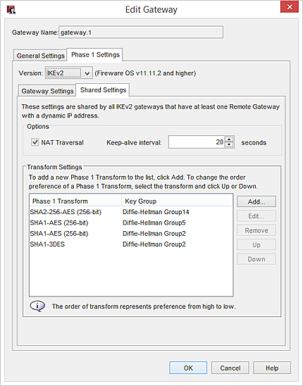 Captura de pantalla de los ajustes de IKEv2, pestaña Configuraciones Compartidas