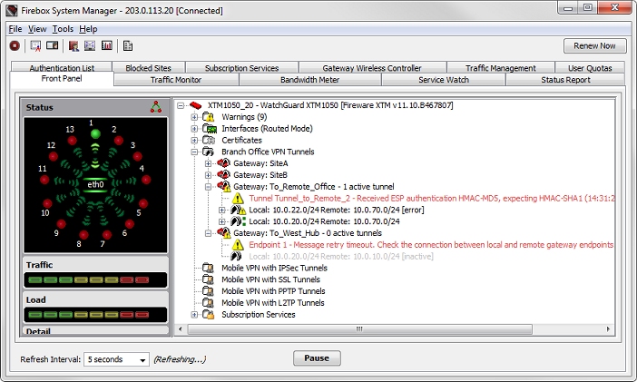 Captura de pantalla del Firebox System Manager con diagnóstico de mensajes VPN