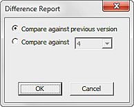 Captura de pantalla del cuadro de diálogo de Informe de Diferencias, con la opción seleccionada de Comparar con la versión anterior