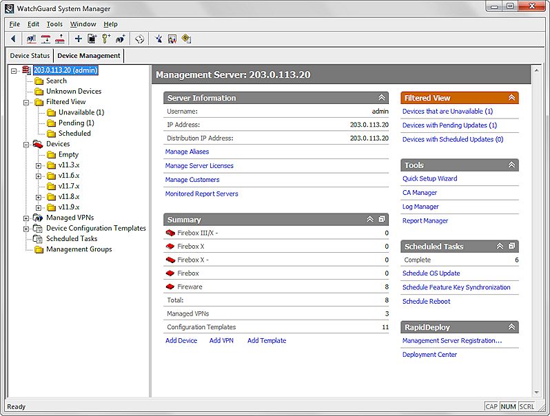 Captura de pantalla de la pestaña Administración de dispositivos WatchGuard System Manager