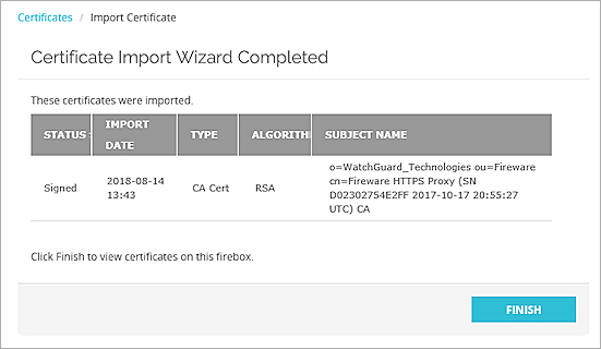 Captura de pantalla de la página de finalización del Certificate Import Wizard