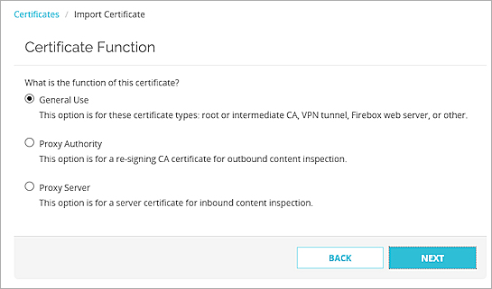 Captura de pantalla de la página de función de certificado del Certificate Import Wizard