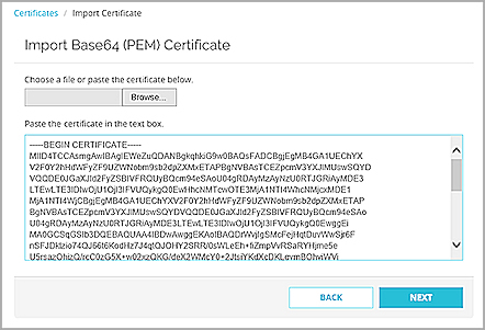 Captura de pantalla de la página importar Base64 PEM del Certificate Import Wizard
