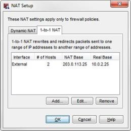 Captura de pantalla del cuadro de diálogo Configuración de NAT, pestaña 1-to-1 NAT con una sola asignación para 2 hosts