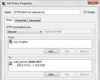 Captura de pantalla de las propiedades de la política SNAT HTTP a servidor web