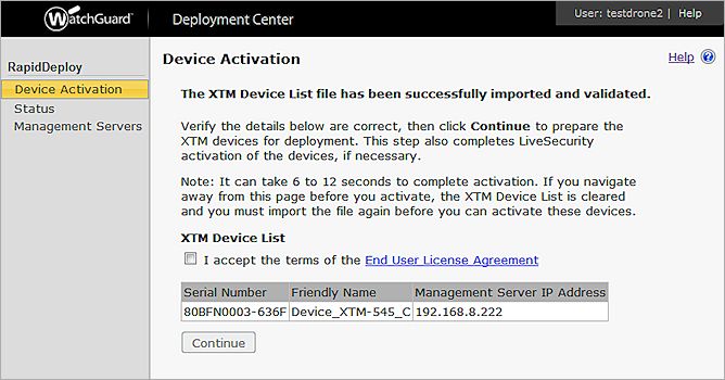 Captura de pantalla de la página Activación de Dispositivo luego de que se ha importado con éxito una Lista de Dispositivos.