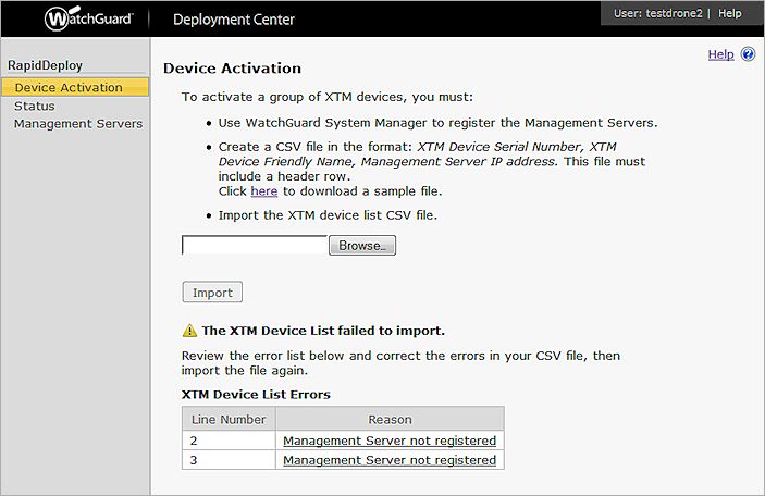 Captura de pantalla de la página de Activación de Dispositivo con un mensaje de Error en la Importación de Lista de Dispositivos