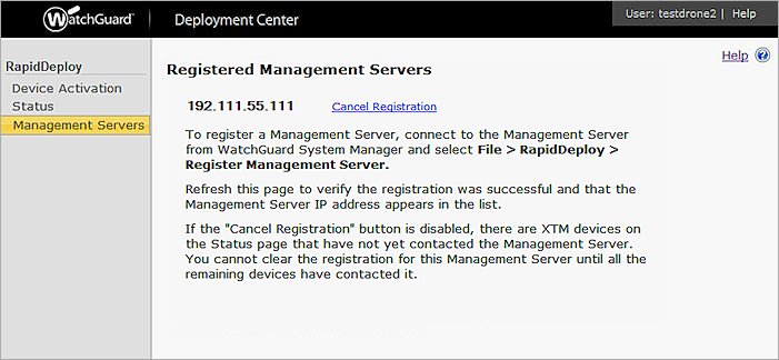 Captura de pantalla de la página Management Servers Registrados