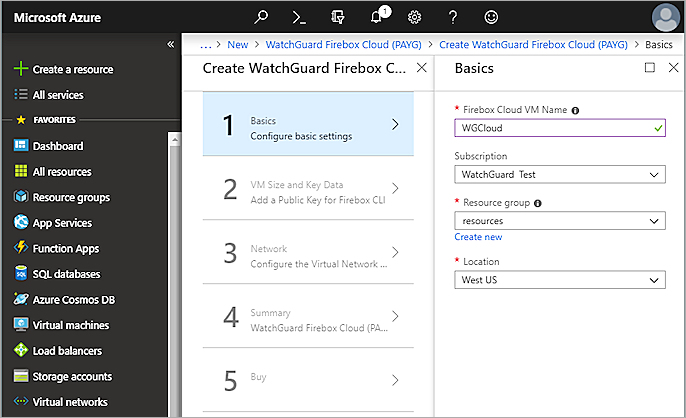 Captura de pantalla de los pasos de la plantilla de Firebox Cloud en Microsoft Azure