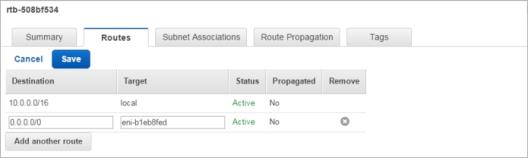 Captura de pantalla de las Rutas para una red privada con estado Active