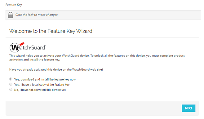 Captura de pantalla de la página de bienvenida del Feature Key Wizard