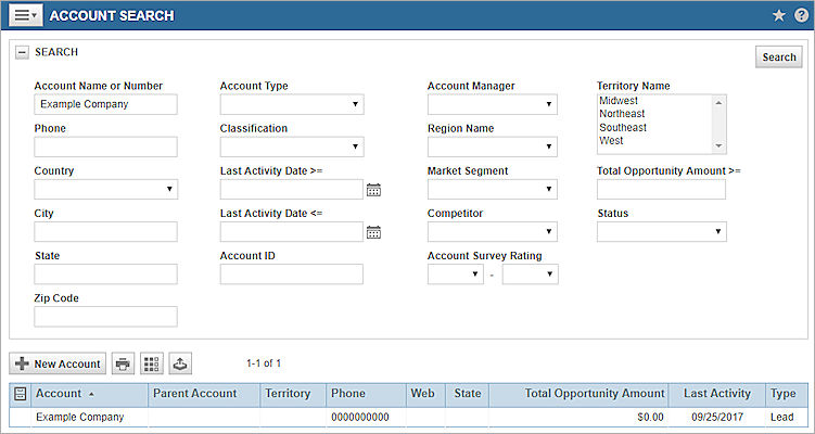 Captura de pantalla de la página Búsqueda de Cuentas de Autotask