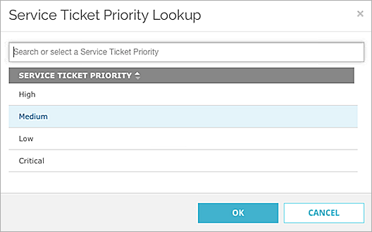Captura de pantalla del cuadro de diálogo Búsqueda de Prioridad de Ticket de Servicio
