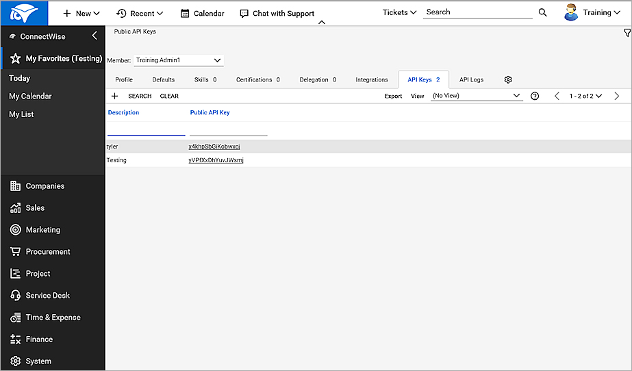 Captura de pantalla de la pestaña Llaves de API en la Cuenta de usuario de ConnectWise