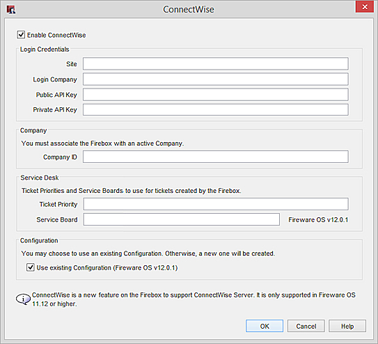 Captura de pantalla de la integración de ConnectWise Firebox en WSM