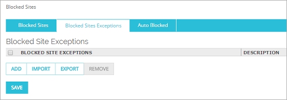 Captura de pantalla de la página Sitios bloqueados - pestaña Excepciones de sitios bloqueados