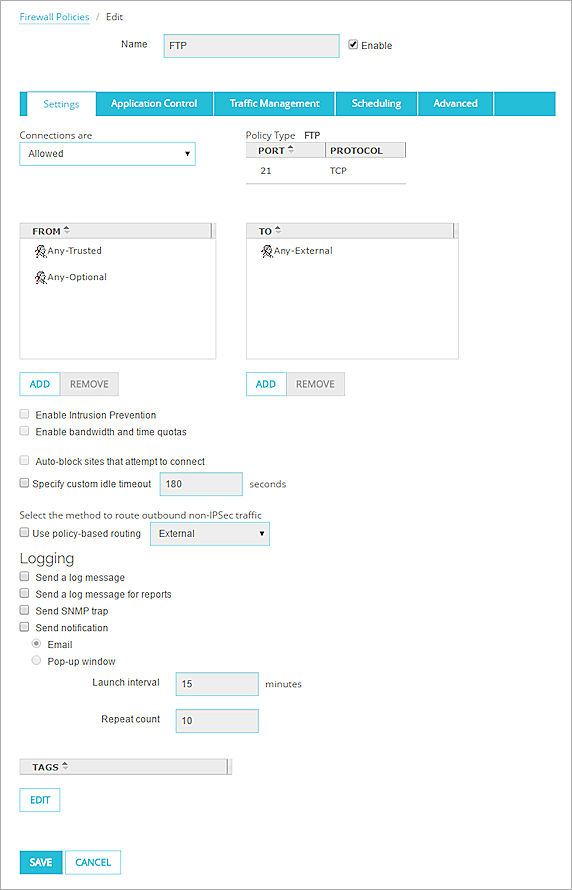 Fireware XTM Web UI — Página Configuración de Política — Pestaña Propiedades