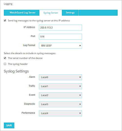 Captura de pantalla de la configuración del Servidor Syslog para el formato de registro IBM LEEF