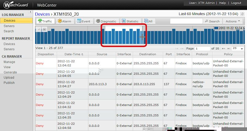 Captura de pantalla de la herramienta Zoom del gráfico de frecuencia de registro en la página REGISTROS > Dispositivos