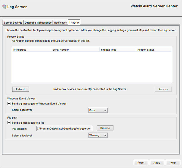 Captura de pantalla de la pestaña Configuración de Generación de Registros del Log Server