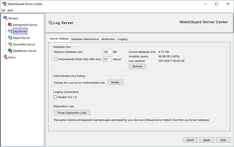 Captura de pantalla de la página Log Server Configuración del Servidor