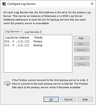 Captura de pantalla del cuadro de diálogo Configurar Log Servers