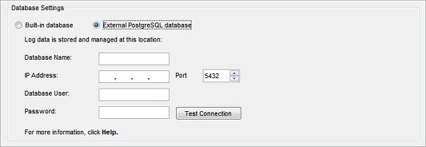 Captura de pantalla de la pestaña Mantenimiento de Base de Datos del Log Server (con configuración de base de datos externa)