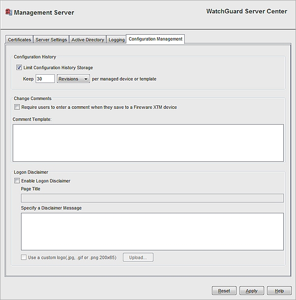 Captura de pantalla de la página Management Server, pestaña de Administración de Configuración
