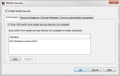 Captura de pantalla de la pestaña Aplicación de Mobile Security con WG-Wireless-Access-Point1 en la lista de Interfaces