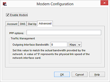 Captura de pantalla de la pestaña Conmutación por Error de Módem Avanzada, configuraciones de Opciones PPP