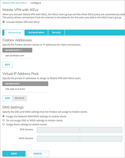 Captura de pantalla de la página de configuración de Mobile VPN with IKEv2