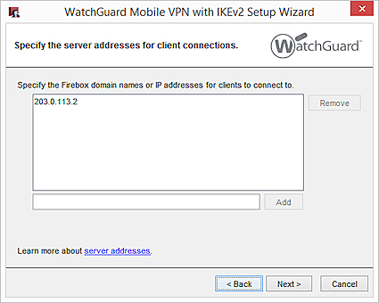 Captura de pantalla de la página de dirección del servidor en el asistente IKEv2