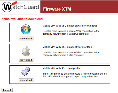 Captura de pantalla de la página de descargas para clientes de SSL VPN.