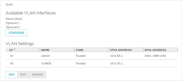 Captura de pantalla de la página Configuraciones de VLAN